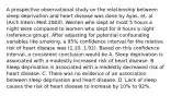 A prospective observational study on the relationship between sleep deprivation and heart disease was done by Ayas, et. al. (Arch Intern Med 2003). Women who slept at most 5 hours a night were compared to women who slept for 8 hours a night (reference group). After adjusting for potential confounding variables like smoking, a 95% confidence interval for the relative risk of heart disease was (1.10, 1.92). Based on this confidence interval, a consistent conclusion would be A. Sleep deprivation is associated with a modestly increased risk of heart disease. B. Sleep deprivation is associated with a modestly decreased risk of heart disease. C. There was no evidence of an association between sleep deprivation and heart disease. D. Lack of sleep causes the risk of heart disease to increase by 10% to 92%.