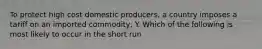 To protect high cost domestic producers, a country imposes a tariff on an imported commodity, Y. Which of the following is most likely to occur in the short run