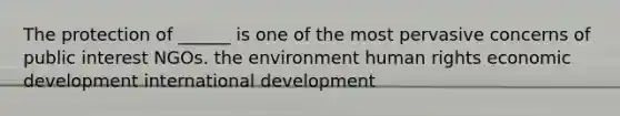 The protection of ______ is one of the most pervasive concerns of public interest NGOs. the environment human rights economic development international development