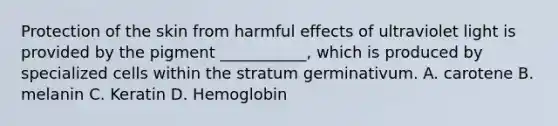 Protection of the skin from harmful effects of ultraviolet light is provided by the pigment ___________, which is produced by specialized cells within the stratum germinativum. A. carotene B. melanin C. Keratin D. Hemoglobin