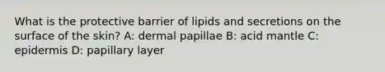 What is the protective barrier of lipids and secretions on the surface of the skin? A: dermal papillae B: acid mantle C: epidermis D: papillary layer