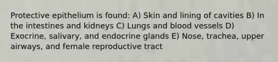 Protective epithelium is found: A) Skin and lining of cavities B) In the intestines and kidneys C) Lungs and blood vessels D) Exocrine, salivary, and endocrine glands E) Nose, trachea, upper airways, and female reproductive tract