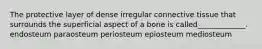 The protective layer of dense irregular connective tissue that surrounds the superficial aspect of a bone is called_____________. endosteum paraosteum periosteum epiosteum mediosteum