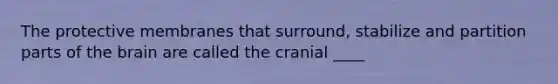 The protective membranes that surround, stabilize and partition parts of <a href='https://www.questionai.com/knowledge/kLMtJeqKp6-the-brain' class='anchor-knowledge'>the brain</a> are called the cranial ____