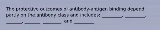 The protective outcomes of antibody-antigen binding depend partly on the antibody class and includes: _________, _________, _______, _______, ________, and _________.