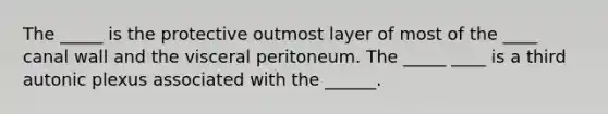 The _____ is the protective outmost layer of most of the ____ canal wall and the visceral peritoneum. The _____ ____ is a third autonic plexus associated with the ______.