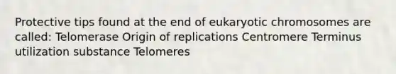 Protective tips found at the end of eukaryotic chromosomes are called: Telomerase Origin of replications Centromere Terminus utilization substance Telomeres