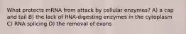 What protects mRNA from attack by cellular enzymes? A) a cap and tail B) the lack of RNA-digesting enzymes in the cytoplasm C) RNA splicing D) the removal of exons