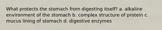 What protects the stomach from digesting itself? a. alkaline environment of the stomach b. complex structure of protein c. mucus lining of stomach d. digestive enzymes