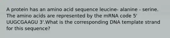 A protein has an amino acid sequence leucine- alanine - serine. The amino acids are represented by the mRNA code 5' UUGCGAAGU 3'.What is the corresponding DNA template strand for this sequence?