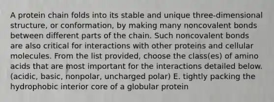 A protein chain folds into its stable and unique three-dimensional structure, or conformation, by making many non<a href='https://www.questionai.com/knowledge/kWply8IKUM-covalent-bonds' class='anchor-knowledge'>covalent bonds</a> between different parts of the chain. Such noncovalent bonds are also critical for interactions with other proteins and cellular molecules. From the list provided, choose the class(es) of <a href='https://www.questionai.com/knowledge/k9gb720LCl-amino-acids' class='anchor-knowledge'>amino acids</a> that are most important for the interactions detailed below. (acidic, basic, nonpolar, uncharged polar) E. tightly packing the hydrophobic interior core of a globular protein