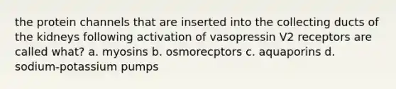 the protein channels that are inserted into the collecting ducts of the kidneys following activation of vasopressin V2 receptors are called what? a. myosins b. osmorecptors c. aquaporins d. sodium-potassium pumps