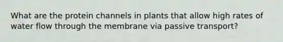 What are the protein channels in plants that allow high rates of water flow through the membrane via passive transport?