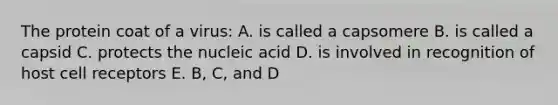 The protein coat of a virus: A. is called a capsomere B. is called a capsid C. protects the nucleic acid D. is involved in recognition of host cell receptors E. B, C, and D