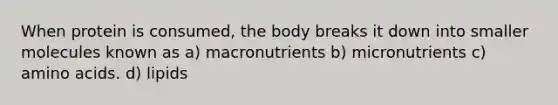 When protein is consumed, the body breaks it down into smaller molecules known as a) macronutrients b) micronutrients c) amino acids. d) lipids