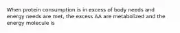 When protein consumption is in excess of body needs and energy needs are met, the excess AA are metabolized and the energy molecule is