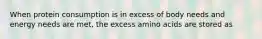 When protein consumption is in excess of body needs and energy needs are met, the excess amino acids are stored as