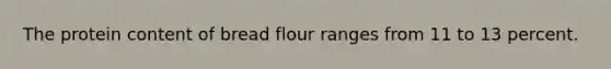 The protein content of bread flour ranges from 11 to 13 percent.