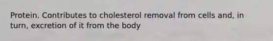 Protein. Contributes to cholesterol removal from cells and, in turn, excretion of it from the body