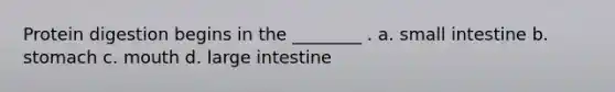 Protein digestion begins in the ________ . a. small intestine b. stomach c. mouth d. <a href='https://www.questionai.com/knowledge/kGQjby07OK-large-intestine' class='anchor-knowledge'>large intestine</a>