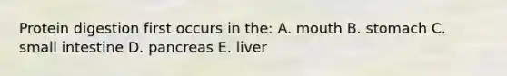 Protein digestion first occurs in the: A. mouth B. stomach C. small intestine D. pancreas E. liver