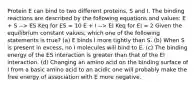 Protein E can bind to two different proteins, S and I. The binding reactions are described by the following equations and values: E + S --> ES Keq for ES = 10 E + I --> EI Keq for EI = 2 Given the equilibrium constant values, which one of the following statements is true? (a) E binds I more tightly than S. (b) When S is present in excess, no I molecules will bind to E. (c) The binding energy of the ES interaction is greater than that of the EI interaction. (d) Changing an amino acid on the binding surface of I from a basic amino acid to an acidic one will probably make the free energy of association with E more negative.