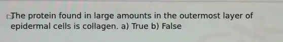 The protein found in large amounts in the outermost layer of epidermal cells is collagen. a) True b) False