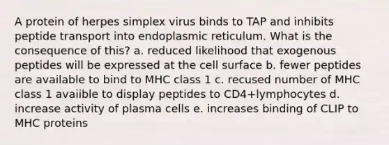 A protein of herpes simplex virus binds to TAP and inhibits peptide transport into endoplasmic reticulum. What is the consequence of this? a. reduced likelihood that exogenous peptides will be expressed at the cell surface b. fewer peptides are available to bind to MHC class 1 c. recused number of MHC class 1 avaiible to display peptides to CD4+lymphocytes d. increase activity of plasma cells e. increases binding of CLIP to MHC proteins