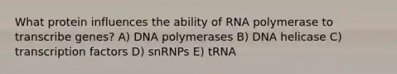 What protein influences the ability of RNA polymerase to transcribe genes? A) DNA polymerases B) DNA helicase C) transcription factors D) snRNPs E) tRNA ​