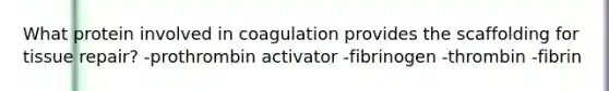 What protein involved in coagulation provides the scaffolding for tissue repair? -prothrombin activator -fibrinogen -thrombin -fibrin