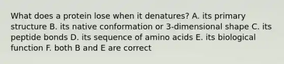 What does a protein lose when it denatures? A. its primary structure B. its native conformation or 3-dimensional shape C. its peptide bonds D. its sequence of amino acids E. its biological function F. both B and E are correct