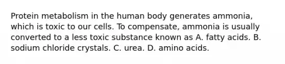 Protein metabolism in the human body generates ammonia, which is toxic to our cells. To compensate, ammonia is usually converted to a less toxic substance known as A. fatty acids. B. sodium chloride crystals. C. urea. D. amino acids.