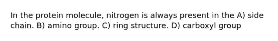 In the protein molecule, nitrogen is always present in the A) side chain. B) amino group. C) ring structure. D) carboxyl group