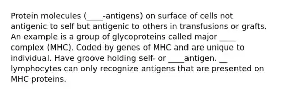 Protein molecules (____-antigens) on surface of cells not antigenic to self but antigenic to others in transfusions or grafts. An example is a group of glycoproteins called major ____ complex (MHC). Coded by genes of MHC and are unique to individual. Have groove holding self- or ____antigen. __ lymphocytes can only recognize antigens that are presented on MHC proteins.