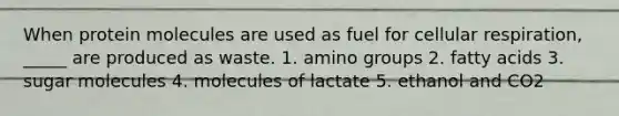 When protein molecules are used as fuel for <a href='https://www.questionai.com/knowledge/k1IqNYBAJw-cellular-respiration' class='anchor-knowledge'>cellular respiration</a>, _____ are produced as waste. 1. amino groups 2. fatty acids 3. sugar molecules 4. molecules of lactate 5. ethanol and CO2