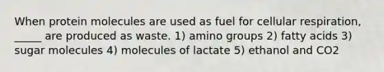 When protein molecules are used as fuel for cellular respiration, _____ are produced as waste. 1) amino groups 2) fatty acids 3) sugar molecules 4) molecules of lactate 5) ethanol and CO2