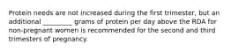 Protein needs are not increased during the first trimester, but an additional _________ grams of protein per day above the RDA for non-pregnant women is recommended for the second and third trimesters of pregnancy.