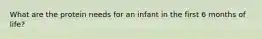 What are the protein needs for an infant in the first 6 months of life?