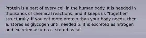 Protein is a part of every cell in the human body. It is needed in thousands of chemical reactions, and it keeps us "together" structurally. If you eat more protein than your body needs, then a. stores as glycogen until needed b. it is excreted as nitrogen and excreted as urea c. stored as fat