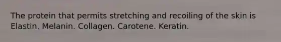 The protein that permits stretching and recoiling of the skin is Elastin. Melanin. Collagen. Carotene. Keratin.