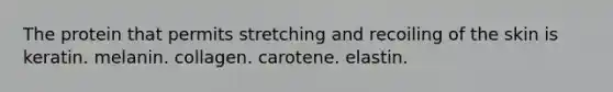 The protein that permits stretching and recoiling of the skin is keratin. melanin. collagen. carotene. elastin.