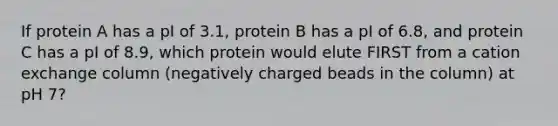 If protein A has a pI of 3.1, protein B has a pI of 6.8, and protein C has a pI of 8.9, which protein would elute FIRST from a cation exchange column (negatively charged beads in the column) at pH 7?