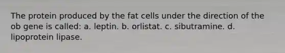 The protein produced by the fat cells under the direction of the ob gene is called: a. leptin. b. orlistat. c. sibutramine. d. lipoprotein lipase.