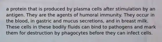 a protein that is produced by plasma cells after stimulation by an antigen. They are the agents of humoral immunity. They occur in the blood, in gastric and mucus secretions, and in breast milk. These cells in these bodily fluids can bind to pathogens and mark them for destruction by phagocytes before they can infect cells.