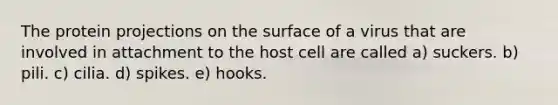 The protein projections on the surface of a virus that are involved in attachment to the host cell are called a) suckers. b) pili. c) cilia. d) spikes. e) hooks.