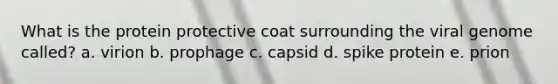 What is the protein protective coat surrounding the viral genome called? a. virion b. prophage c. capsid d. spike protein e. prion