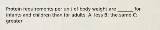 Protein requirements per unit of body weight are _______ for infants and children than for adults. A: less B: the same C: greater