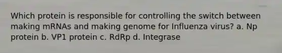 Which protein is responsible for controlling the switch between making mRNAs and making genome for Influenza virus? a. Np protein b. VP1 protein c. RdRp d. Integrase