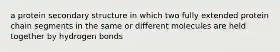 a protein secondary structure in which two fully extended protein chain segments in the same or different molecules are held together by hydrogen bonds
