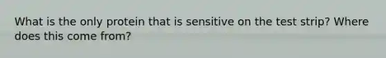 What is the only protein that is sensitive on the test strip? Where does this come from?